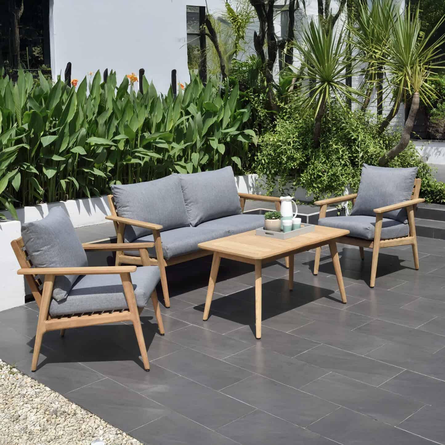 Flores 4 Piece Deep Seating Cushioned Conversation Set - Teak Patio Sofa Set