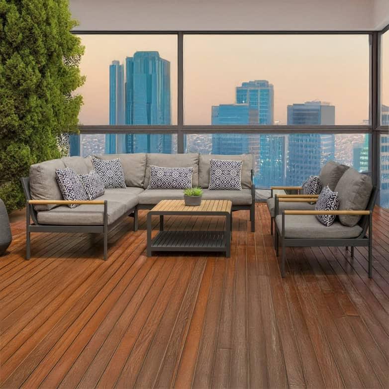Capri 4 Piece Commercial Deep Seating Patio Sectional Set- Aluminum with Teak Accents