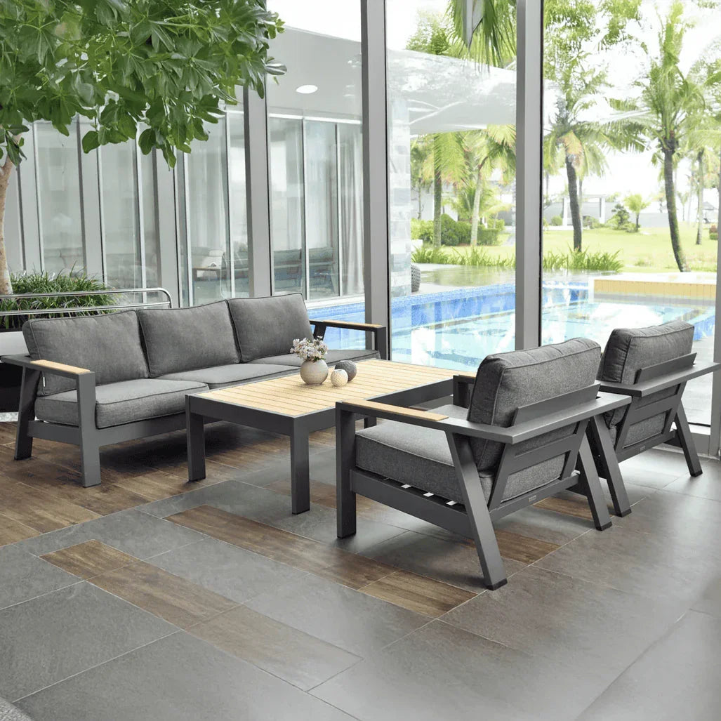 Oceanic 4 Piece Commercial Deep Seating Patio Sofa Set - Aluminum with Teak Accents
