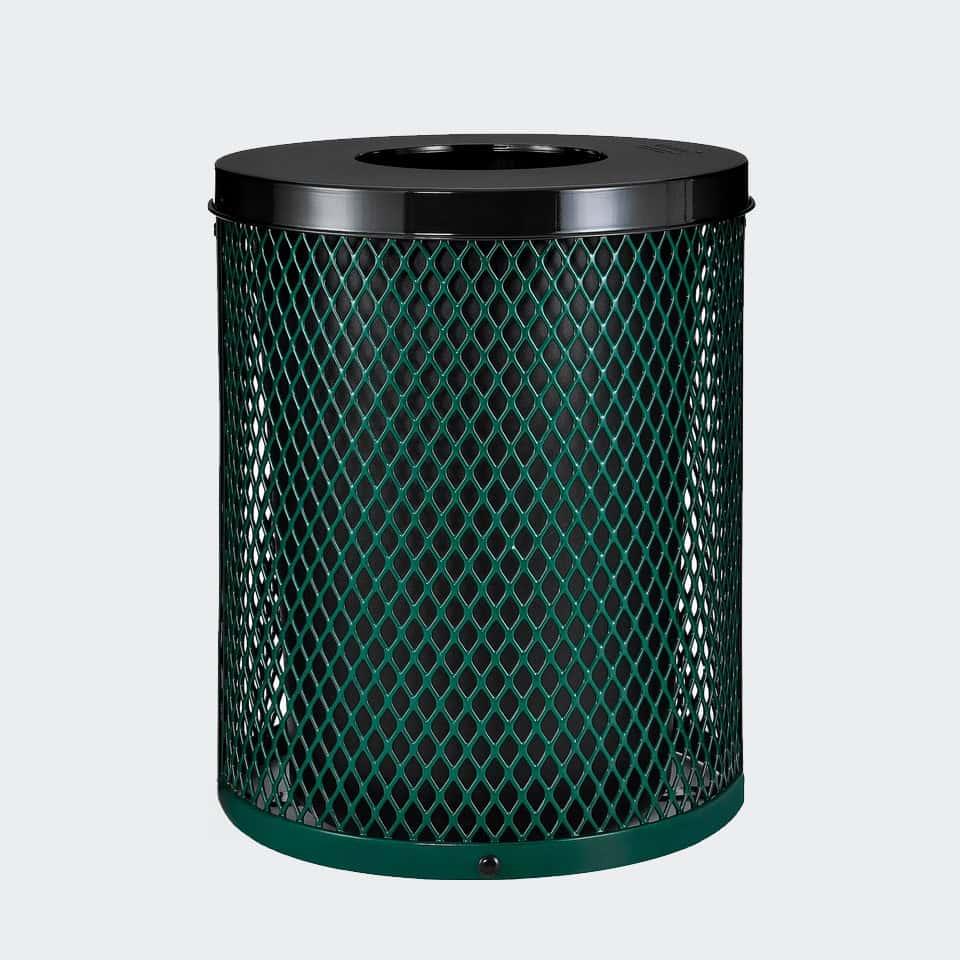 Commercial 36 Gallon Diamond Steel Trash Can With Lid, Liner & Base - Outdoor
