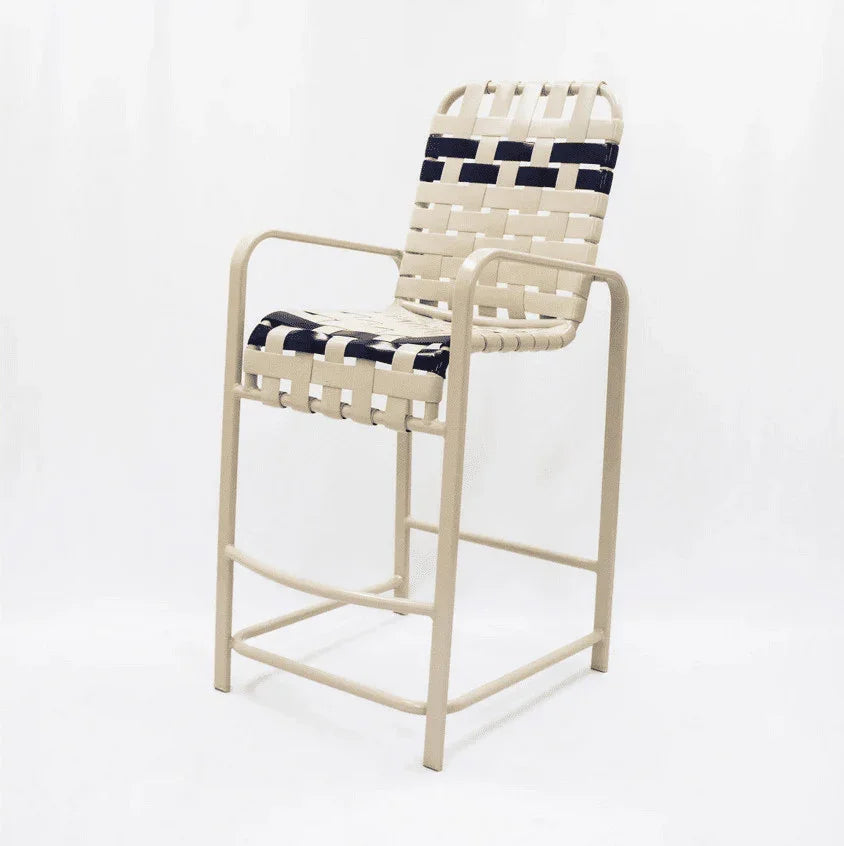 Basket Weave Strap Aluminum Pool Bar Stool Chair With Arms
