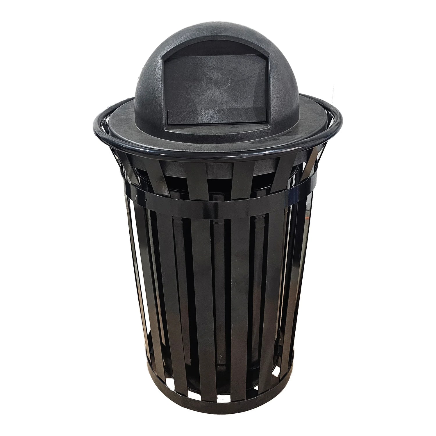 Courtyard 36 Gallon Slatted Wide Top Commercial Trash Receptacle With Plastic Dome Lid & Liner