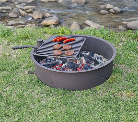 32" Steel Fire Pit Ring with Swivel Cooking Grate – Commercial Heavy Duty - Outdoorsiness