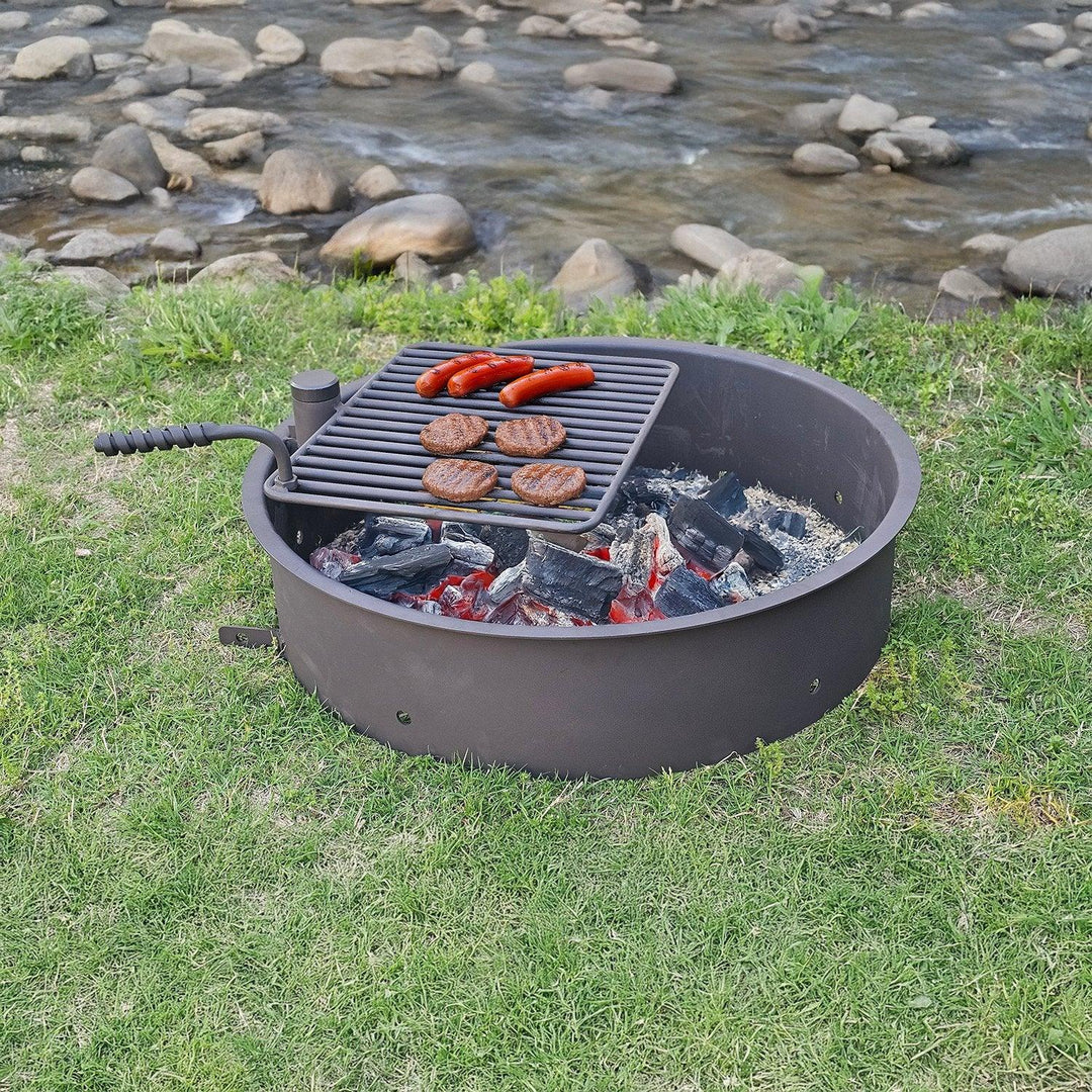 32" Steel Fire Pit Ring with Swivel Cooking Grate – Commercial Heavy Duty - Outdoorsiness