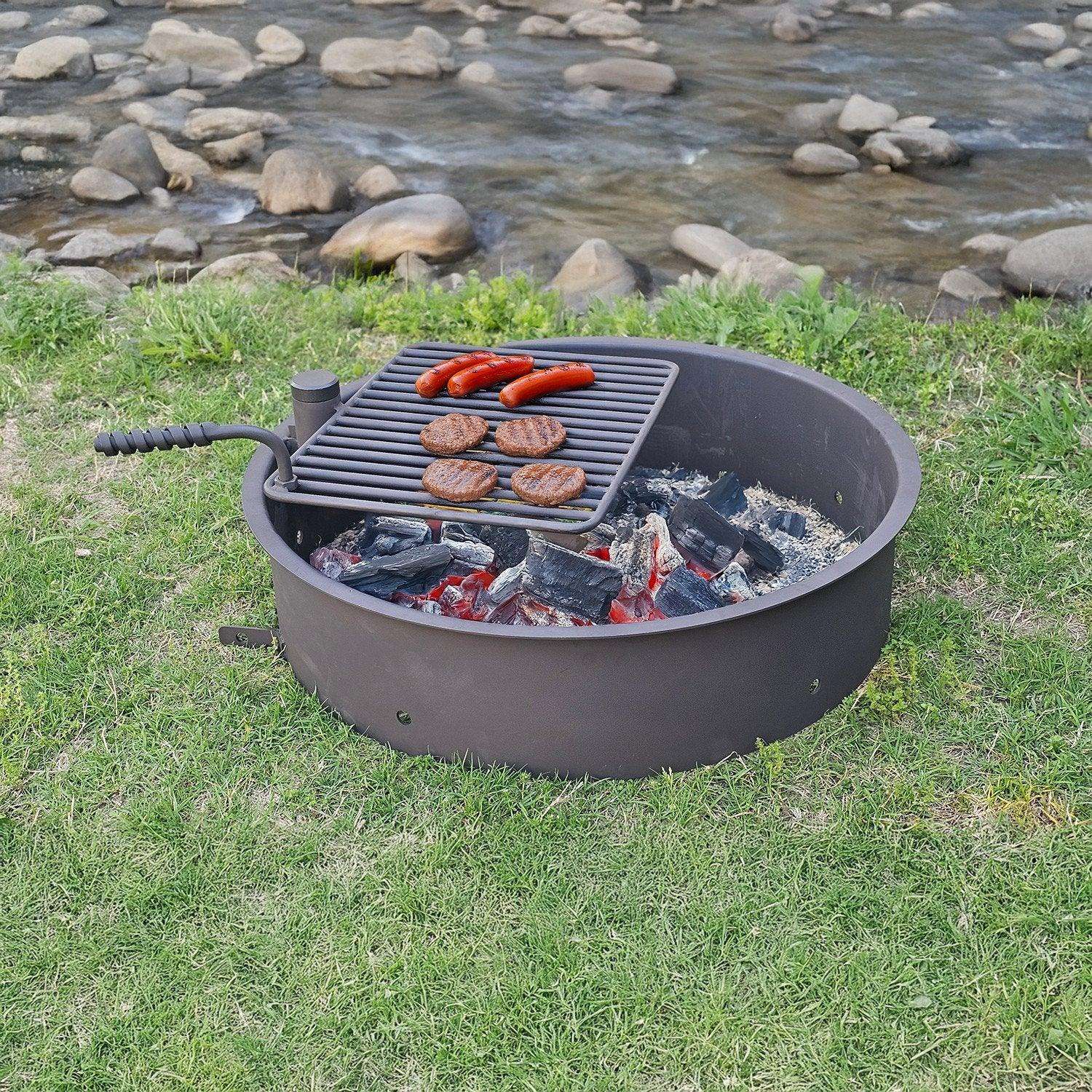 32" Steel Fire Pit Ring with Swivel Cooking Grate – Commercial Heavy Duty - Outdoorsiness