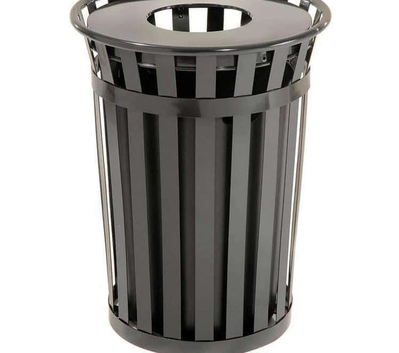 36 Gallon Slatted Steel Commercial Outdoor Trash Can – Wide Top Flat Lid - Outdoorsiness