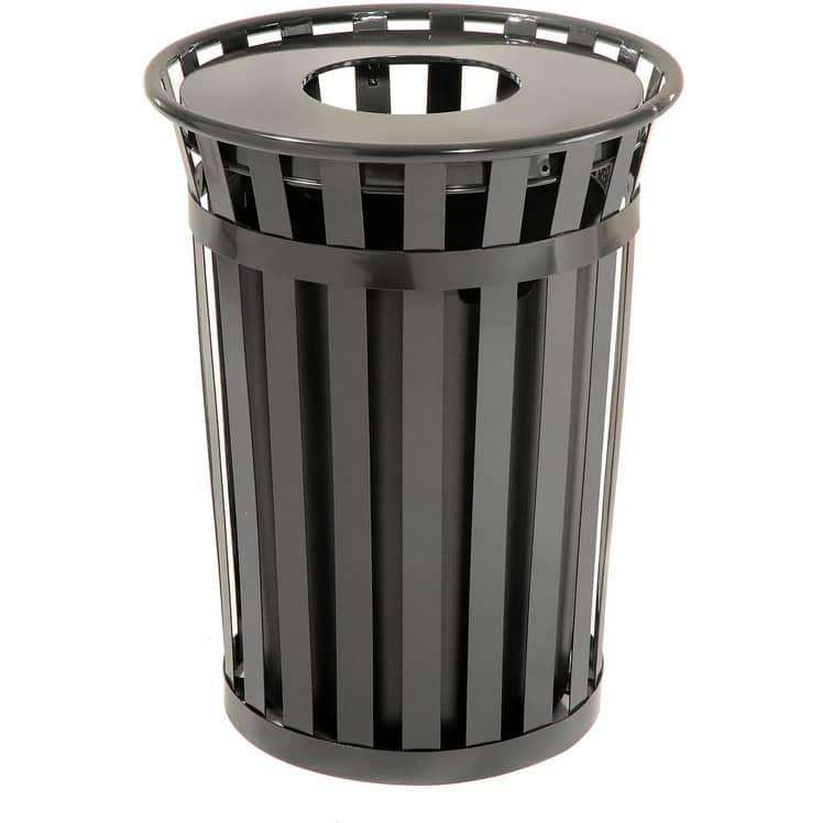 36 Gallon Slatted Steel Commercial Outdoor Trash Can – Wide Top Flat Lid - Outdoorsiness