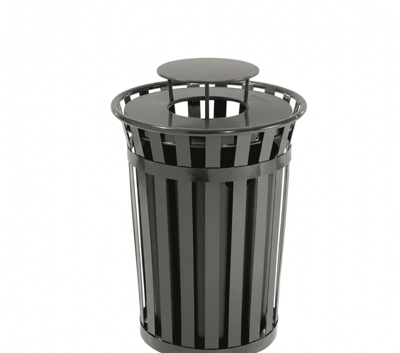 36 Gallon Slatted Steel Commercial Outdoor Trash Can – Wide Top Rain Bonnet Lid & Liner - Outdoorsiness