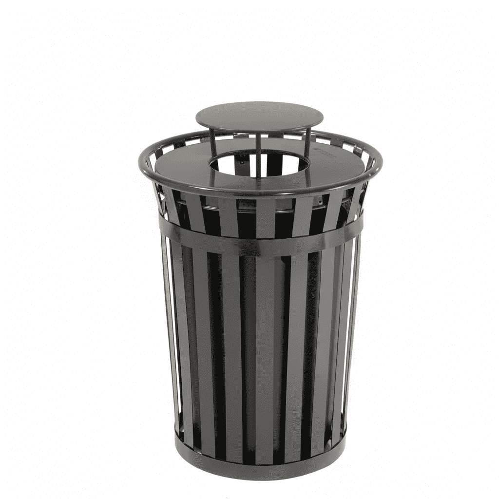 36 Gallon Slatted Steel Commercial Outdoor Trash Can – Wide Top Rain Bonnet Lid & Liner - Outdoorsiness