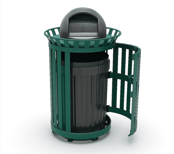 45 Gallon Slatted Commercial Outdoor Trash Receptacle – Side Opening with Dome Lid & Liner - Outdoorsiness