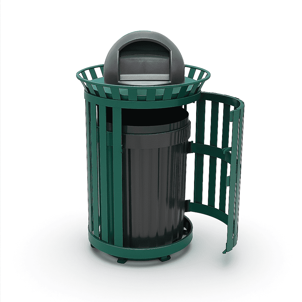 45 Gallon Slatted Commercial Outdoor Trash Receptacle – Side Opening with Dome Lid & Liner - Outdoorsiness