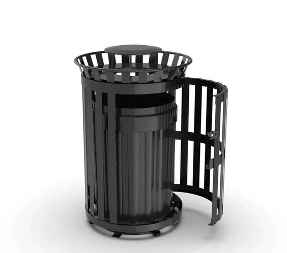 45 Gallon Slatted Commercial Outdoor Trash Receptacle – Side Opening with Rain Bonnet Lid - Outdoorsiness
