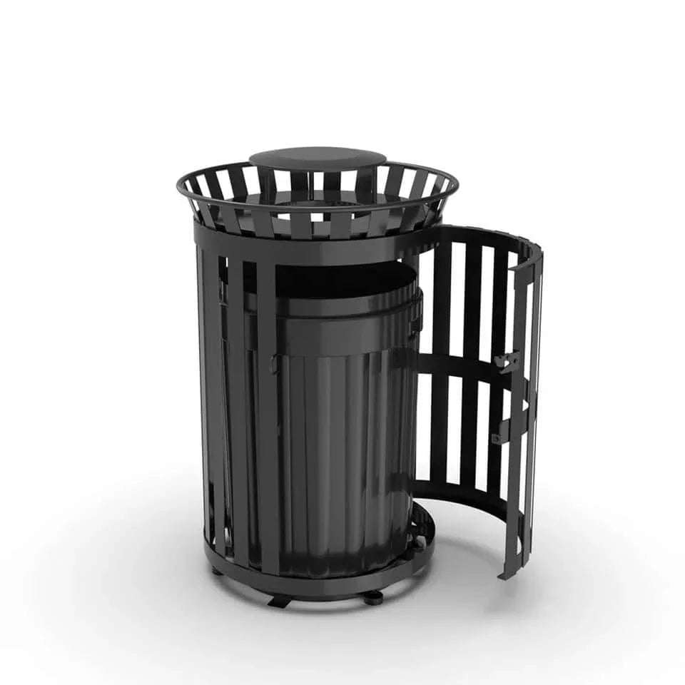 45 Gallon Slatted Commercial Outdoor Trash Receptacle – Side Opening with Rain Bonnet Lid - Outdoorsiness