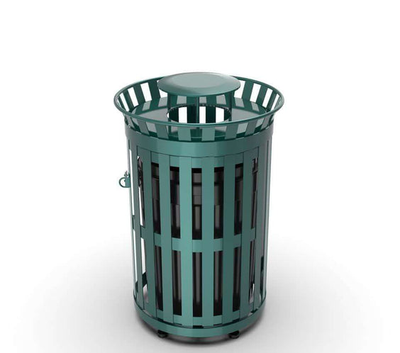 45 Gallon Slatted Commercial Outdoor Trash Receptacle – Side Opening with Rain Bonnet Lid - Outdoorsiness
