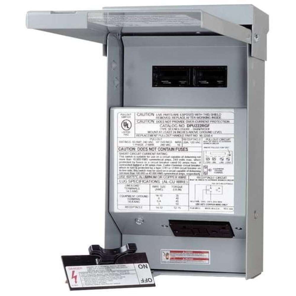 Eaton 60 Amp Non-Fused AC Disconnect with 20A GFCI Self-Test Receptacle – DPU222RGF20WTST