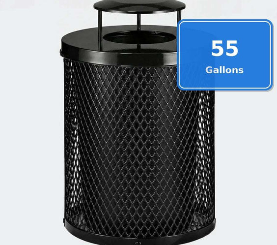 55 Gallon Diamond Expanded Steel Commercial Outdoor Trash Can – Rain Bonnet Lid, Liner & Base - Outdoorsiness