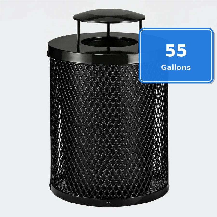 55 Gallon Diamond Expanded Steel Commercial Outdoor Trash Can – Rain Bonnet Lid, Liner & Base - Outdoorsiness