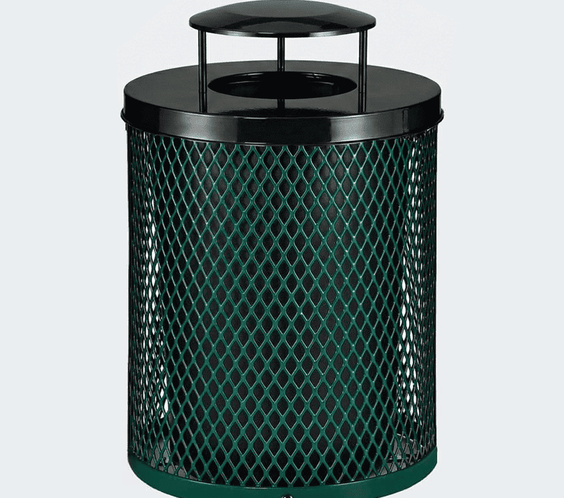55 Gallon Diamond Expanded Steel Commercial Outdoor Trash Can – Rain Bonnet Lid, Liner & Base - Outdoorsiness