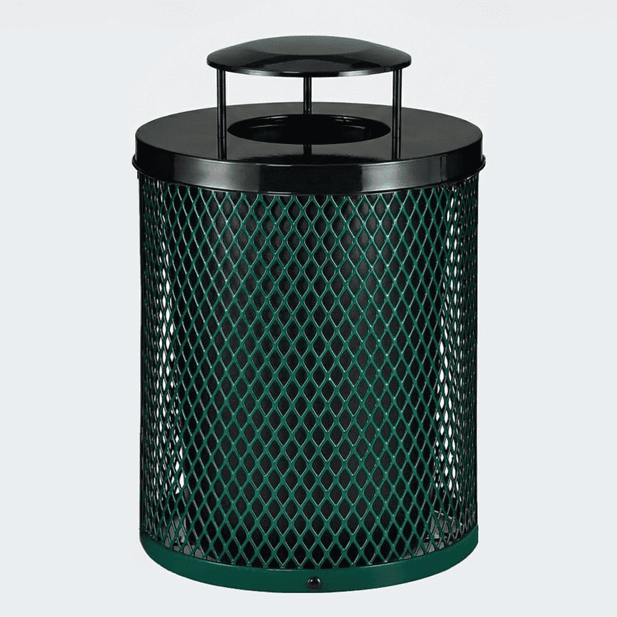 55 Gallon Diamond Expanded Steel Commercial Outdoor Trash Can – Rain Bonnet Lid, Liner & Base - Outdoorsiness