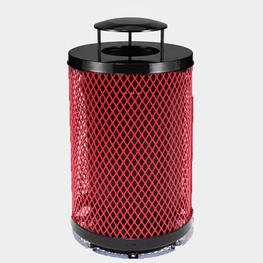 55 Gallon Diamond Expanded Steel Commercial Outdoor Trash Can – Rain Bonnet Lid, Liner & Base - Outdoorsiness