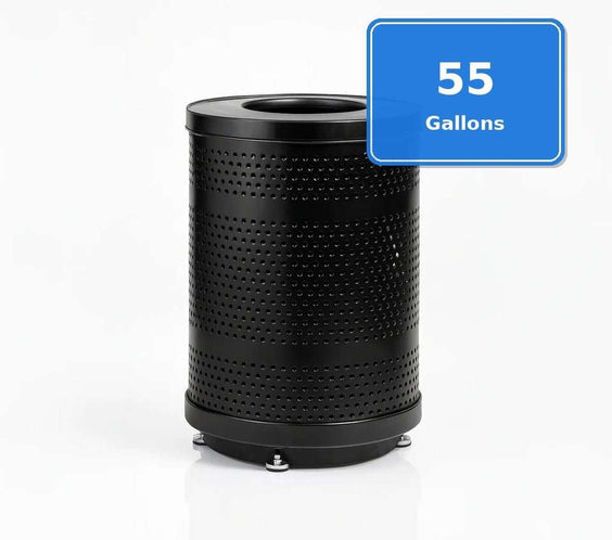 55 Gallon Punched Steel Heavy-Duty Commercial Outdoor Trash Can – Flat Lid, Liner & Base - Outdoorsiness