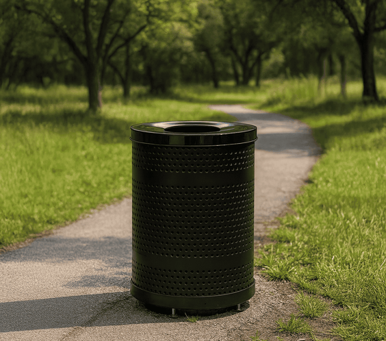 55 Gallon Punched Steel Heavy-Duty Commercial Outdoor Trash Can – Flat Lid, Liner & Base - Outdoorsiness