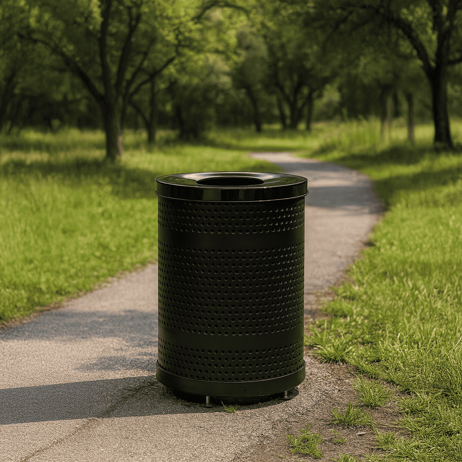 55 Gallon Punched Steel Heavy-Duty Commercial Outdoor Trash Can – Flat Lid, Liner & Base - Outdoorsiness
