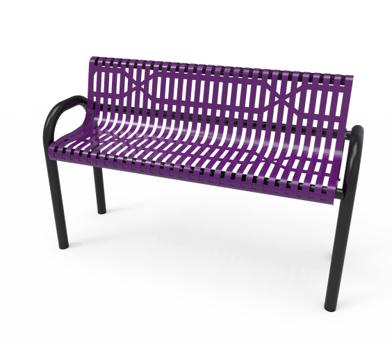 Commercial Slatted Steel Pipe Park Bench With Back – Rounded Frame, Surface Mount