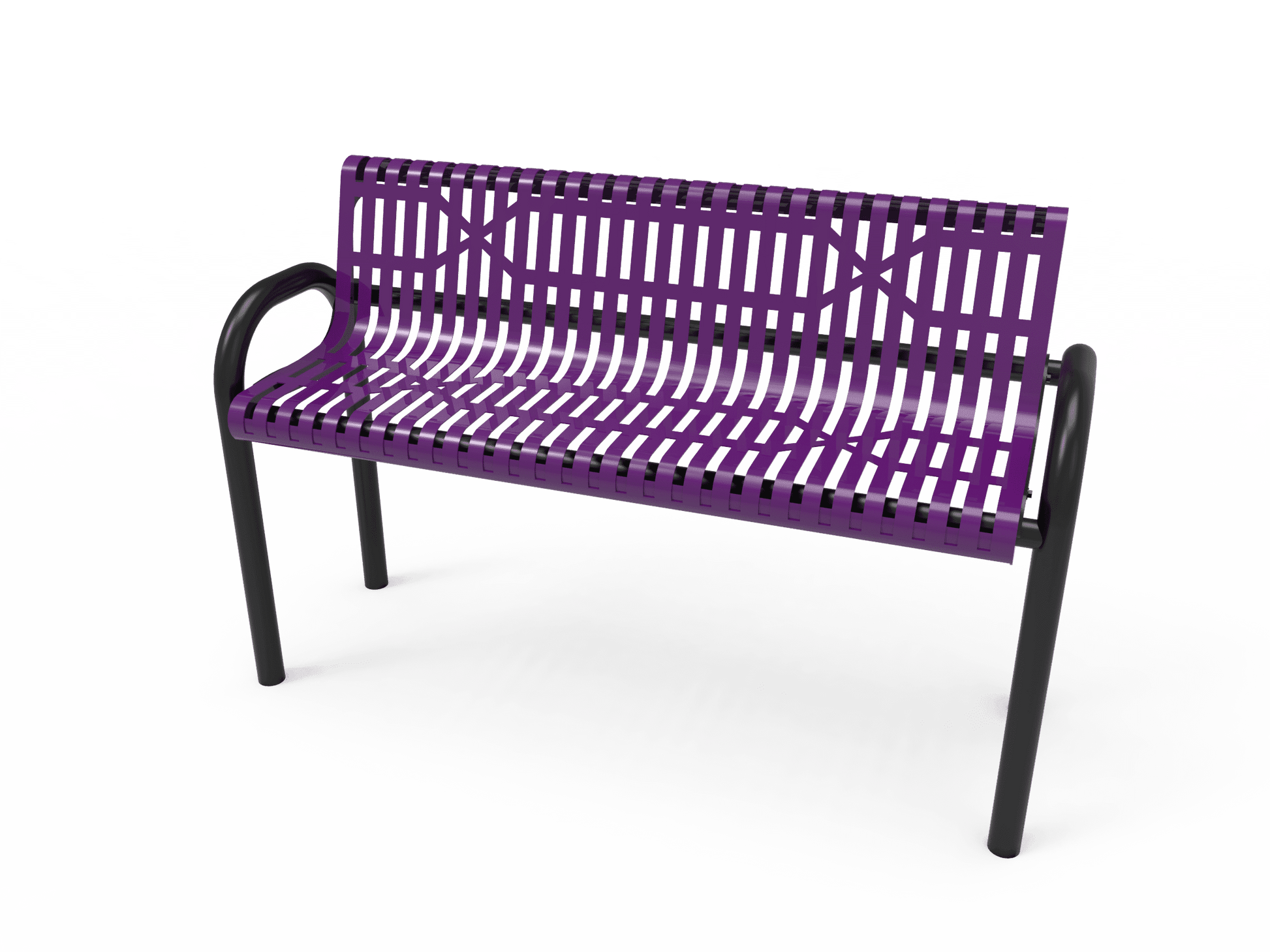 Commercial Slatted Steel Pipe Park Bench With Back – Rounded Frame, Surface Mount