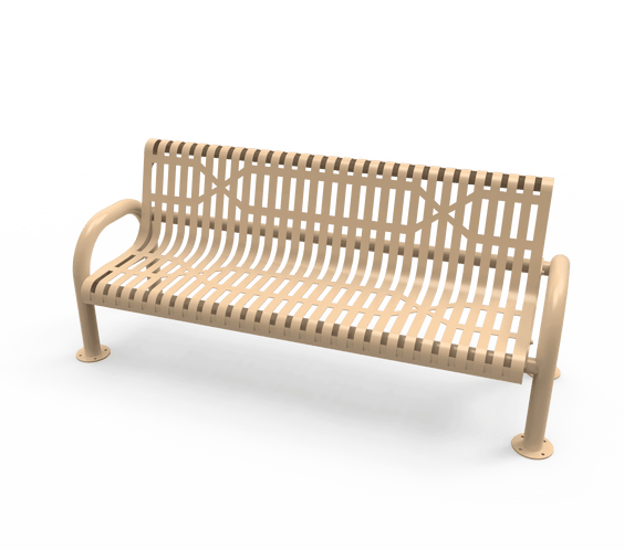 Commercial Slatted Steel Pipe Park Bench With Back – Rounded Frame, Surface Mount