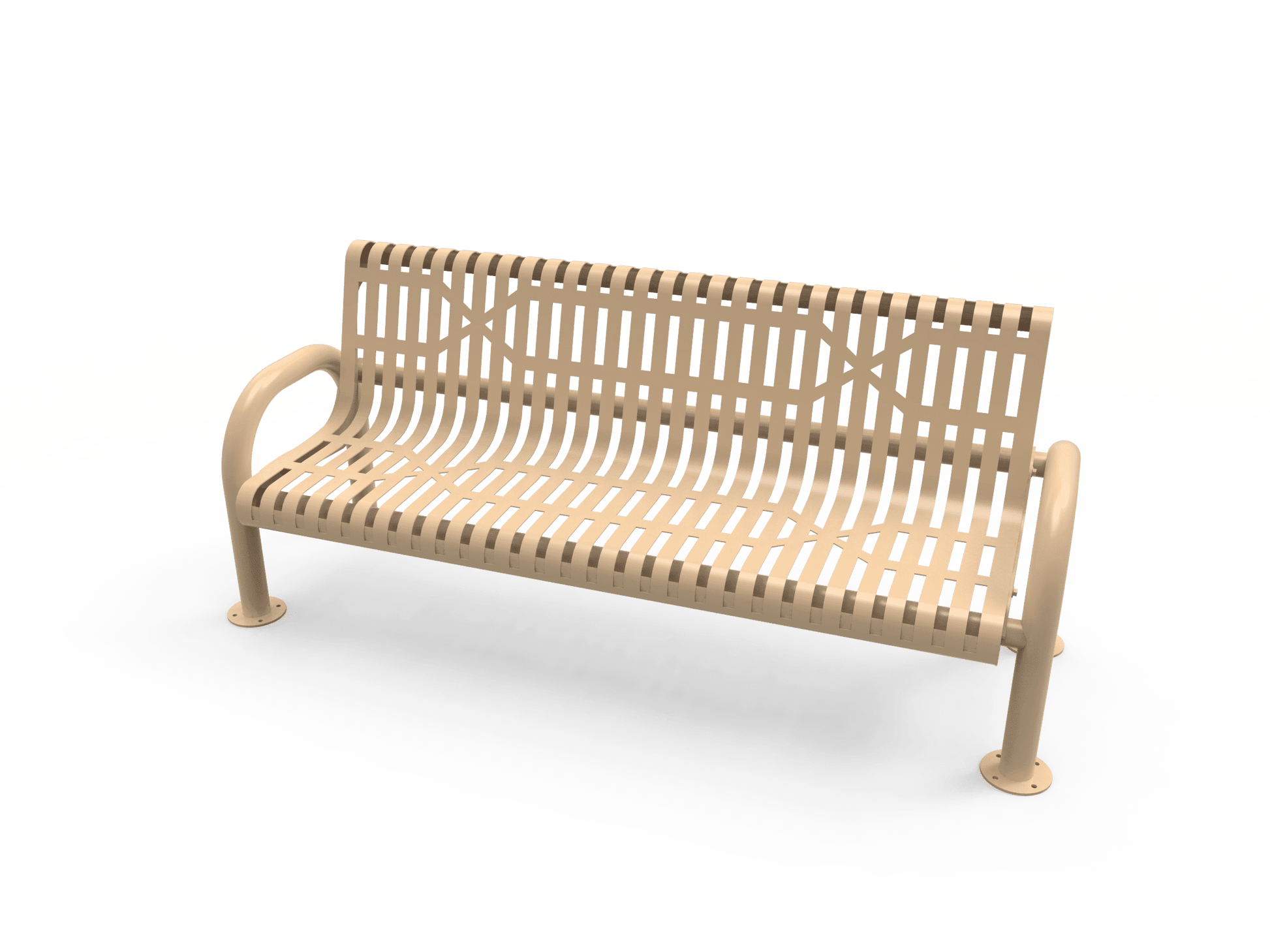 Commercial Slatted Steel Pipe Park Bench With Back – Rounded Frame, Surface Mount
