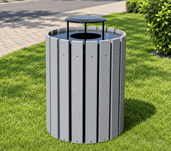 45 Gallon Recycled Plastic Trash Can – Commercial Round Slatted Receptacle with Heavy-Duty Liner
