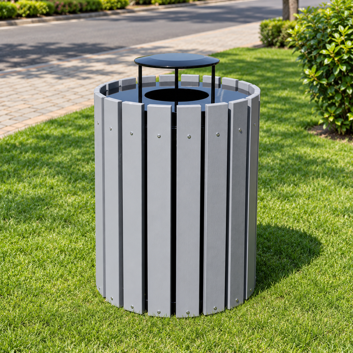 45 Gallon Recycled Plastic Trash Can – Commercial Round Slatted Receptacle with Heavy-Duty Liner