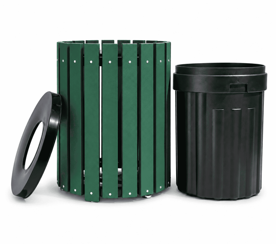 45 Gallon Recycled Plastic Trash Can – Commercial Round Slatted Receptacle with Heavy-Duty Liner