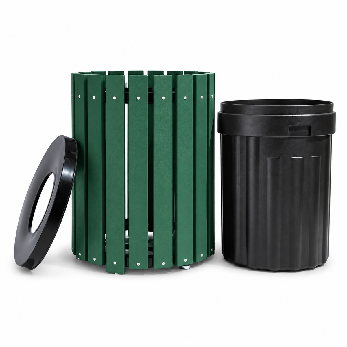 45 Gallon Recycled Plastic Trash Can – Commercial Round Slatted Receptacle with Heavy-Duty Liner
