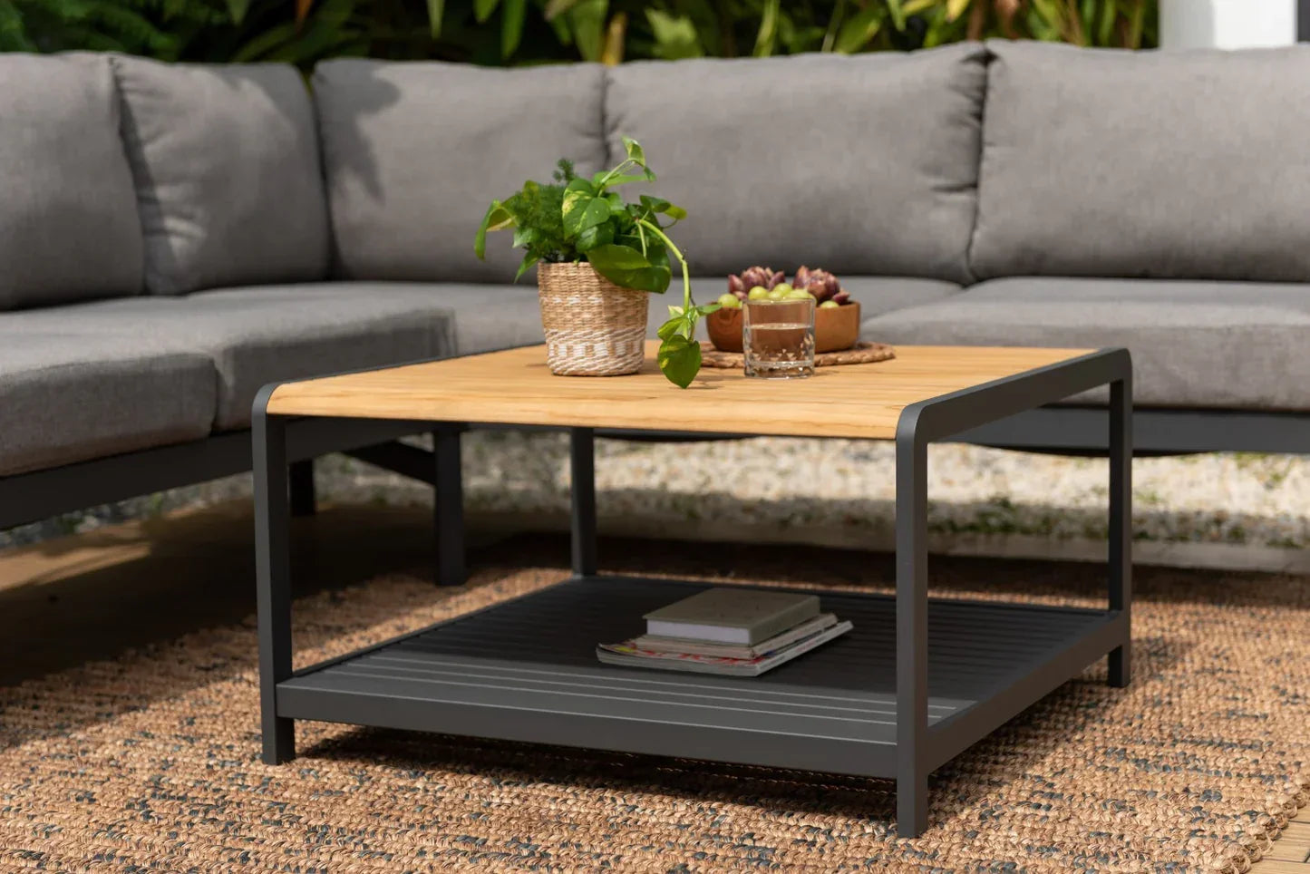 Capri 4 Piece Commercial Deep Seating Patio Sectional Set- Aluminum with Teak Accents