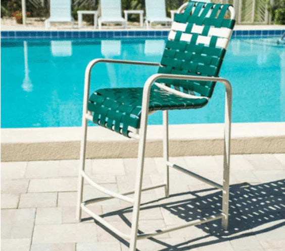 Coastline Basket Weave Vinyl Strap Commercial Pool Bar Stool with Arms – Aluminum Frame