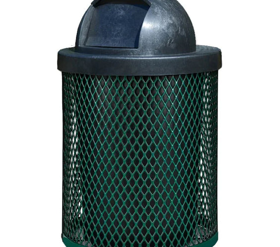 36 Gallon Diamond Expanded Steel Commercial Outdoor Trash Can – Plastic Dome Lid, Liner & Base