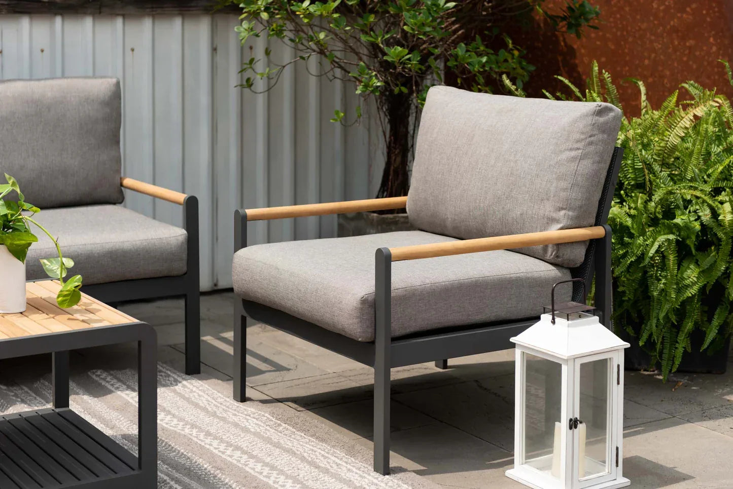 Capri 4 Piece Commercial Deep Seating Patio Sectional Set- Aluminum with Teak Accents