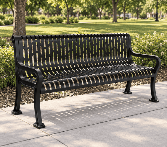 Keystone Commercial 74in Ribbed Steel Park Bench With Back & Arms – Thermoplastic Coated