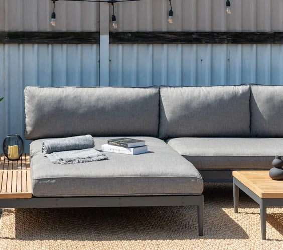 Lucia 2 Piece Commercial Deep Seating Chaise Lounge Bed Set With Table - Aluminum & Teak