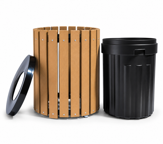 45 Gallon Recycled Plastic Trash Can – Commercial Round Slatted Receptacle with Heavy-Duty Liner