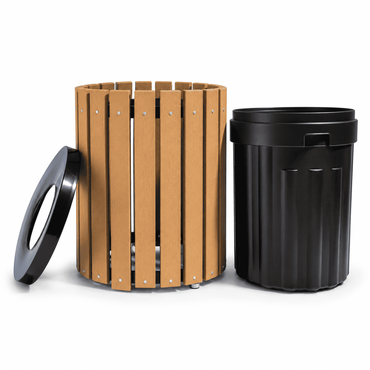 45 Gallon Recycled Plastic Trash Can – Commercial Round Slatted Receptacle with Heavy-Duty Liner