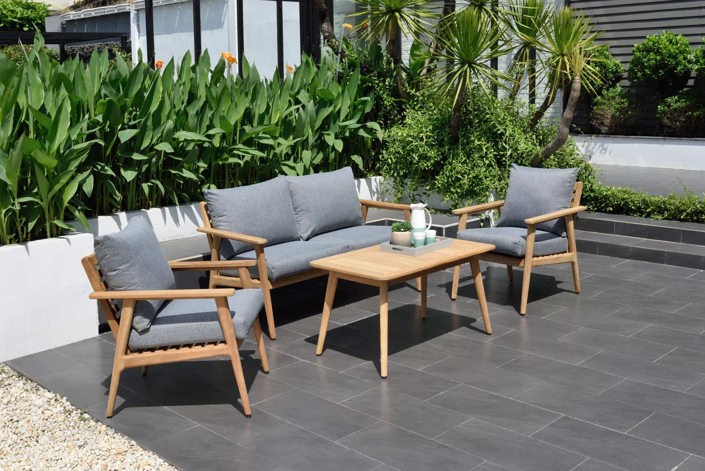Flores 4 Piece Deep Seating Cushioned Conversation Set - Teak Patio Sofa Set