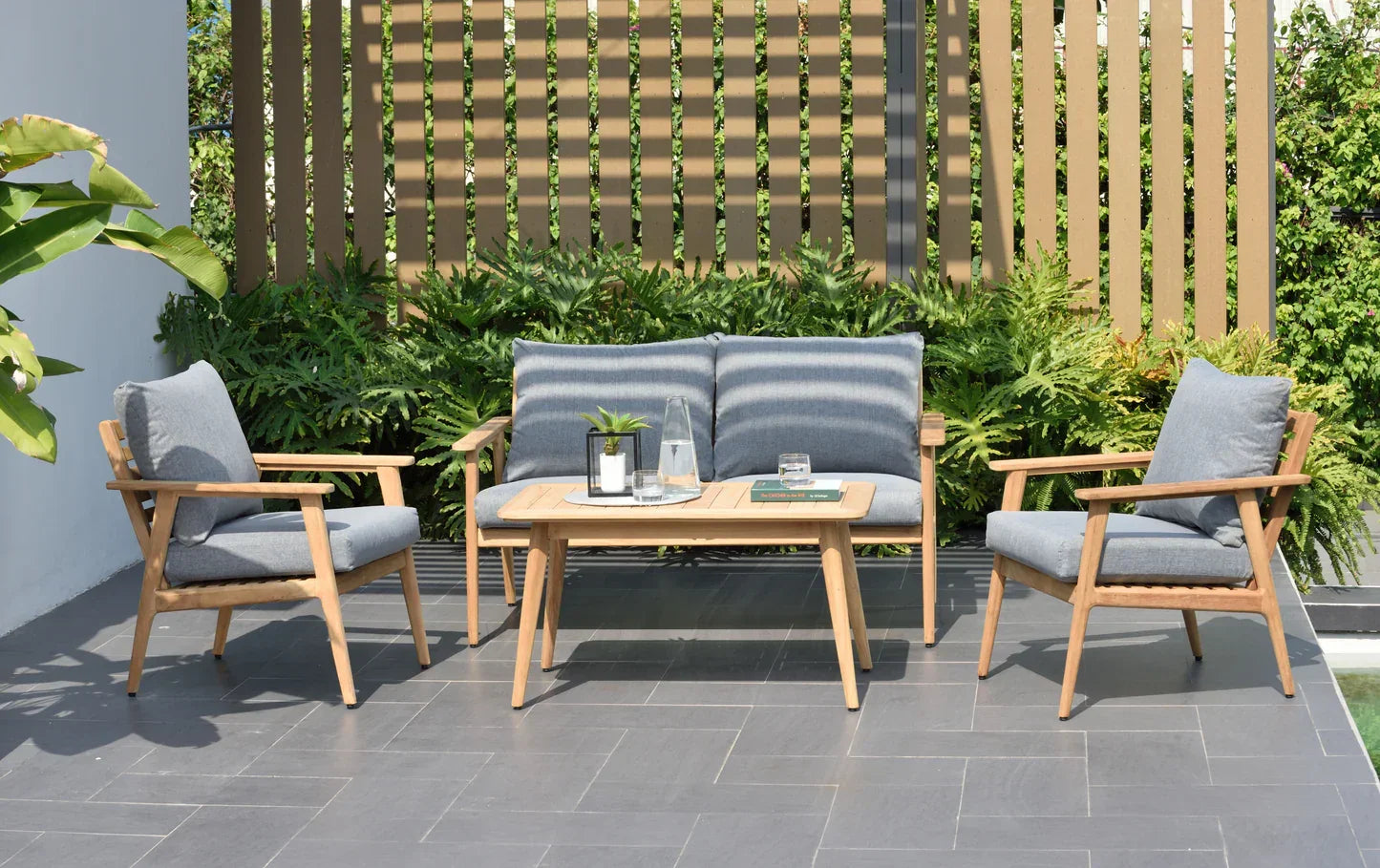 Flores 4 Piece Deep Seating Cushioned Conversation Set - Teak Patio Sofa Set