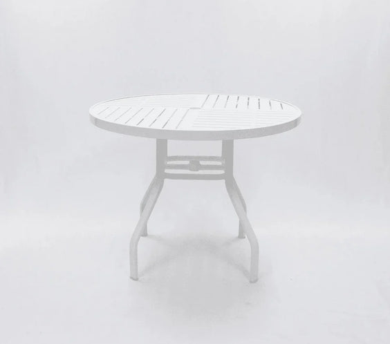 Oasis 36in Round Aluminum Commercial Pool Patio Table – Punched Top, Rectangular Legs