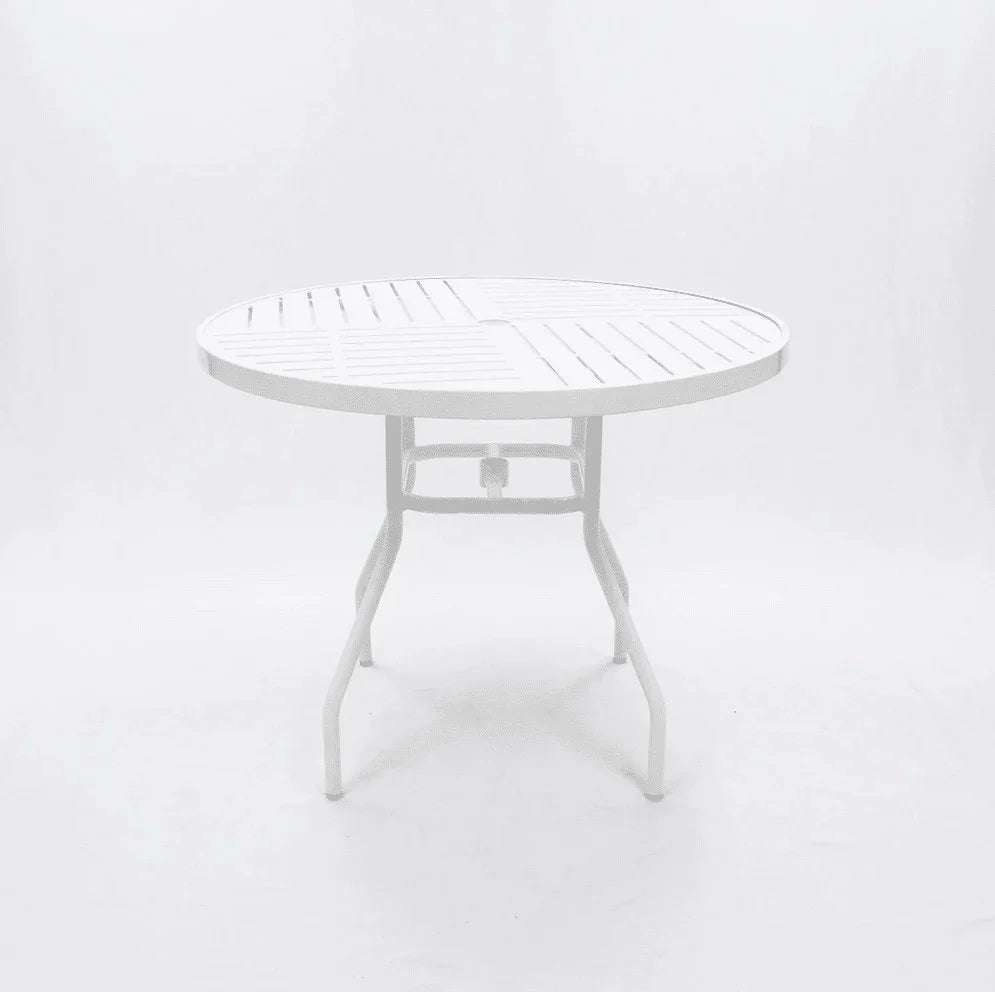 Beach Club 36in Round Aluminum Commercial Pool Patio Table – Punched Top, Round Legs - Outdoorsiness