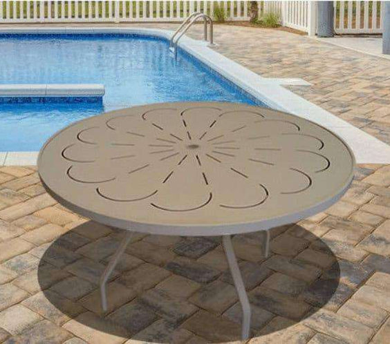 Beach Club 48in Round Aluminum Commercial Pool Patio Table – Punched Top, Rectangular Legs - Outdoorsiness