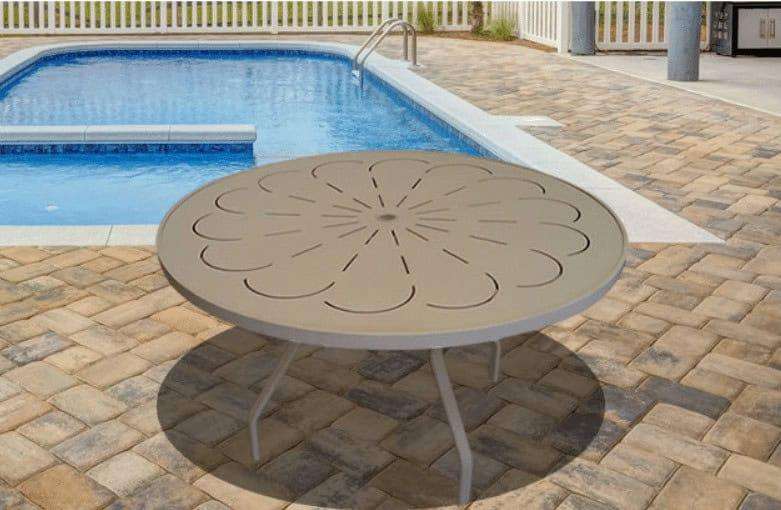 Beach Club 48in Round Aluminum Commercial Pool Patio Table – Punched Top, Rectangular Legs - Outdoorsiness