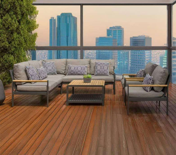 Capri 4 Piece Commercial Deep Seating Patio Sectional Set- Aluminum with Teak Accents - Outdoorsiness